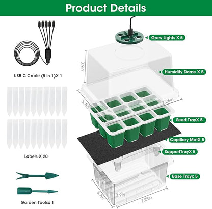 MQUPIN Self Watering Seed Starter Tray with Grow Light,5 Pack/60 Cells Seed Starter Kit with Timing,Humidity Domes,Thicken Tray, Heightened Lids for Greenhouse Seeds Growing Starting