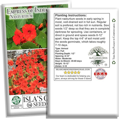 Empress of India Nasturtium Seeds (Tropaeolum nanum) – 50+ Heirloom Non-GMO Seeds by Isla’s Garden Seeds, Deep Crimson Blooms & Dark Green Foliage, Edible Flowers, Perfect for Gardens & Containers