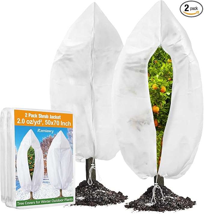 Remiawy Plant Covers Freeze Protection, 2.0 oz/yd² Shrub Jacket Plant Covers for Winter, 2 Pack 50 x 70 Inch Reusable Frost Cloth Bags Protectors for Cold Weather Outdoor Potted Plants Fruit Trees