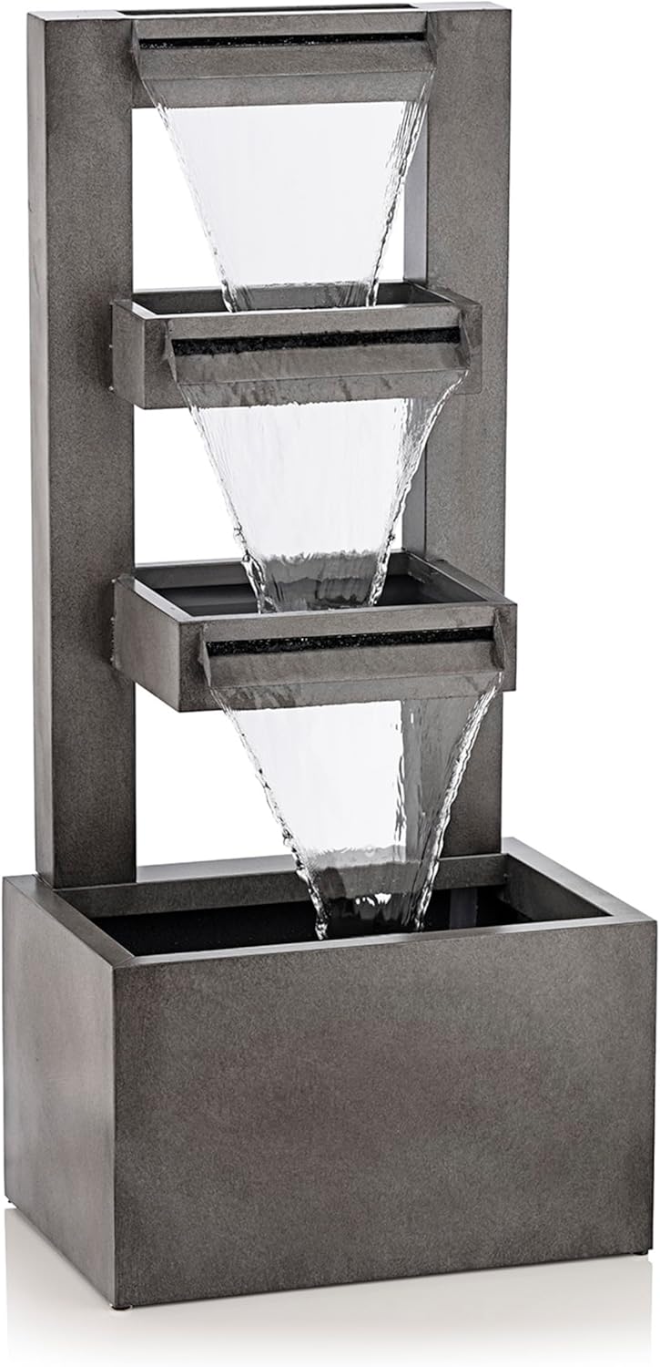 Alpine Corporation 43" Tall Multi-Tier Waterfall Fountain - Industrial Style Water Feature for Garden, Patio, Yard, Backyard, Relaxing Water Flow, and Serene Landscaping, Gray