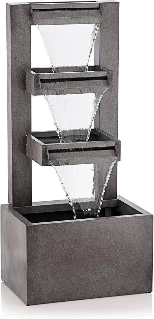 Alpine Corporation 43" Tall Multi-Tier Waterfall Fountain - Industrial Style Water Feature for Garden, Patio, Yard, Backyard, Relaxing Water Flow, and Serene Landscaping, Gray