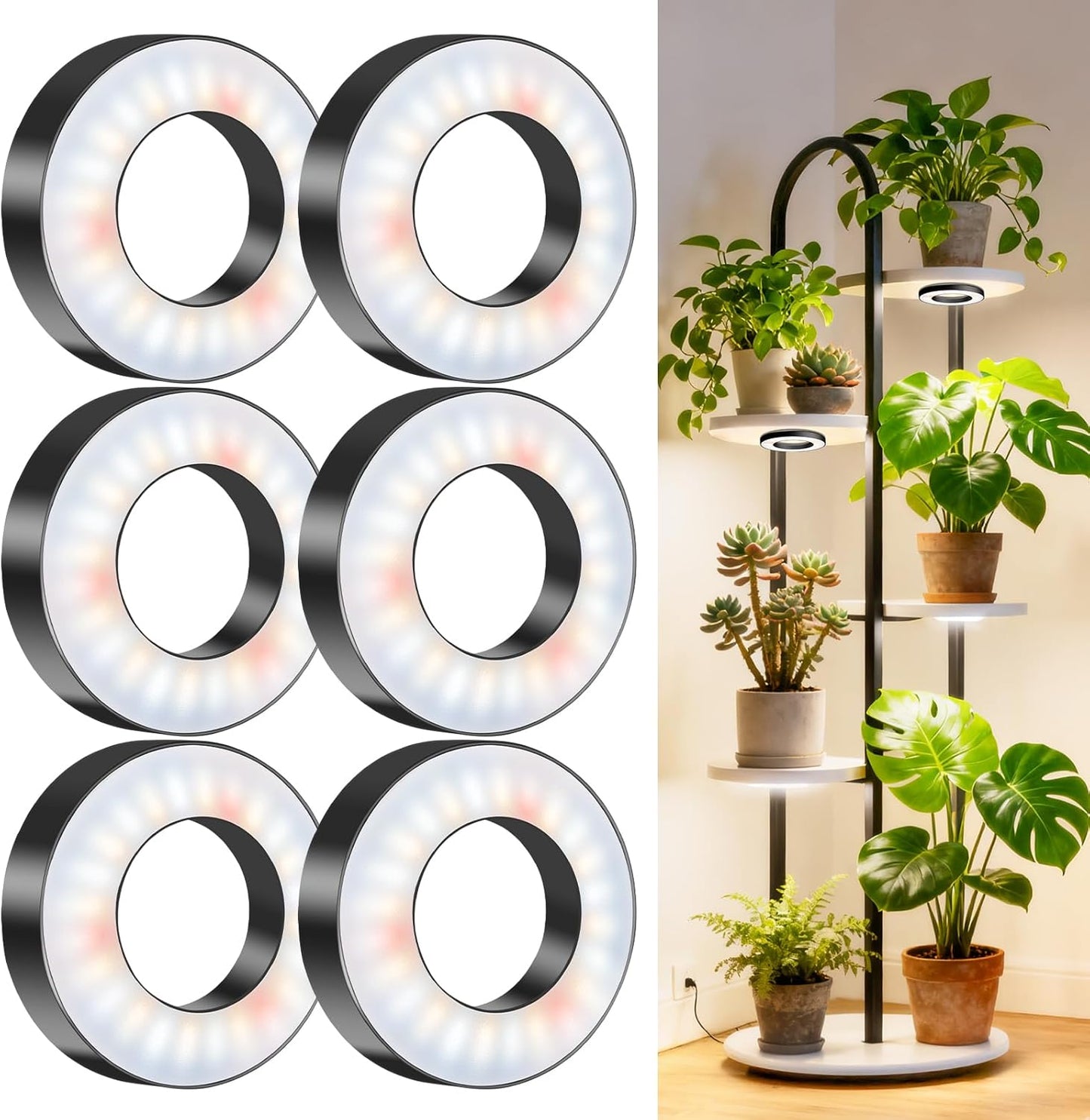 Wiaxulay Ceiling Grow Lights for Indoor Plants, 288 LED Full Spectrum 3.5in Halo Plant Grow Light, 12/3A Under Cabinet Grow Lamp with Auto Timer 6/12/16 Hrs, 3 Lighting Mode, 5 Brightness, Six Head