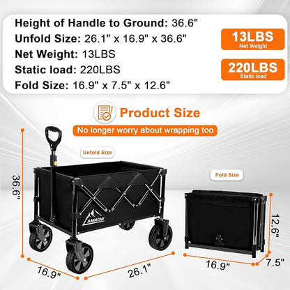 Collapsible Wagon Cart with Wheels Foldable, Folding Wagons Carts with Silent Universal Wheels, Large Grocery Cart On Wheels, Heavy Duty Utility for Shopping Beach Sports Fishing Camping, Black