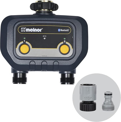Melnor 65183AMZ Bluetooth Hose Timer, 2-Zone Programmable Watering Timer, Quick Connect Bundle, Black, Yellow