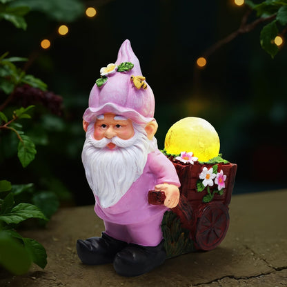 Solar Garden Gnome Statue with Crackle Glass Globe Lights, Waterproof Outdoor Decor for Patio, Lawn, or Yard, Whimsical Housewarming Gift(Pink Gnomes)