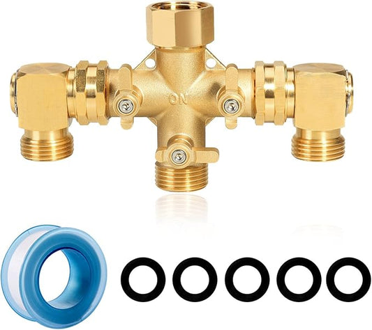 Garden Hose Splitter High Flow Splitter with Swivel elbow Connect Brass Hose Splitter with Shut Off Valves 3 way Hose Bib Adapter (with Swivel elbow)