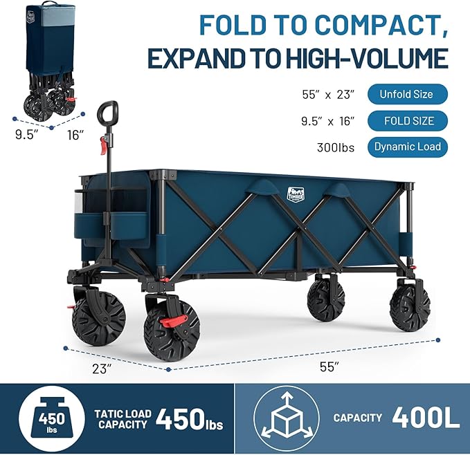 Timber Ridge 51.2" Extended Collapsible Wagon - Heavy-Duty Utility Cart with All-Terrain Wheels, Brakes & Cargo Net, 400L Capacity for Camping, Sports & Shopping, Blue
