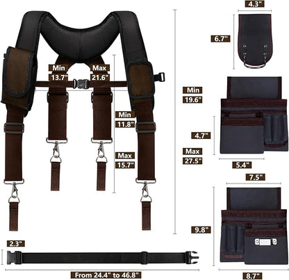 Tool Belt With Suspenders, 24 Pockets Tool Bag with Magnetic Wristband, Detachable Tool Pouch Bag, Adjustable Waists for Men Electrician Carpenter Construction (Brown)