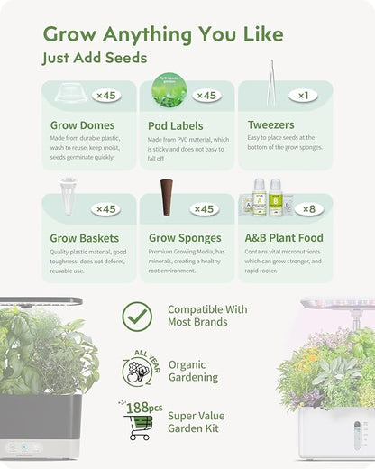 188Pcs Hydroponic Pods Supplies: Grow Anything Kit with 45 Grow Sponges, 45 Grow Baskets, 45 Grow Domes, 45 Pod Labels, 8 A&B Plant Food - Compatible Hydroponics Growing System Most Brands