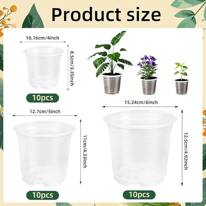 Augshy 36 Pack 6/5/4 Inch Clear Plastic Nursery Pots with Drainage Holes for Plants Seed Starting Pot Indoor Outdoor Garden