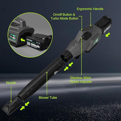 Leaf Blower Cordless with Battery - 40V Powerful Electric Leaf Blower, 600CFM &180MPH and Variable-Speed with 5.0Ah Battery and Charger for Lawn Care, Patio, Dust, Blowing Leaves (Grey)