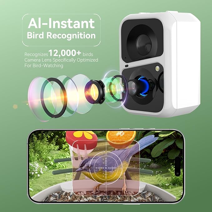 Smart Bird Feeder with Camera, Solar Bird Feeder - 2K HD Live Video Camera AI Identify Birds, Visible Window Auto Capture -Instant Arrival Alerts, Birds Lover Gifts