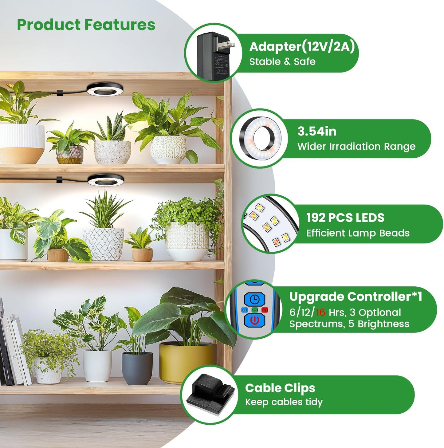 Wiaxulay Grow Lights for Indoor Plants, 192 LED Full Spectrum Plant Lights for Indoor Growing, 12V/2A Under Cabinet Grow Lamp with Auto Timer 6/12/16 Hrs, 3 Lighting Mode, 5 Brightness, Four Head