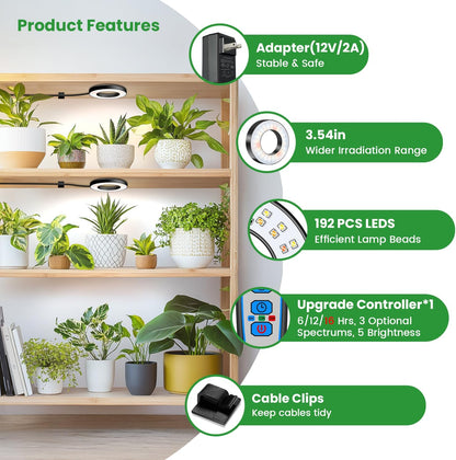 Wiaxulay Grow Lights for Indoor Plants, 192 LED Full Spectrum Plant Lights for Indoor Growing, 12V/2A Under Cabinet Grow Lamp with Auto Timer 6/12/16 Hrs, 3 Lighting Mode, 5 Brightness, Four Head