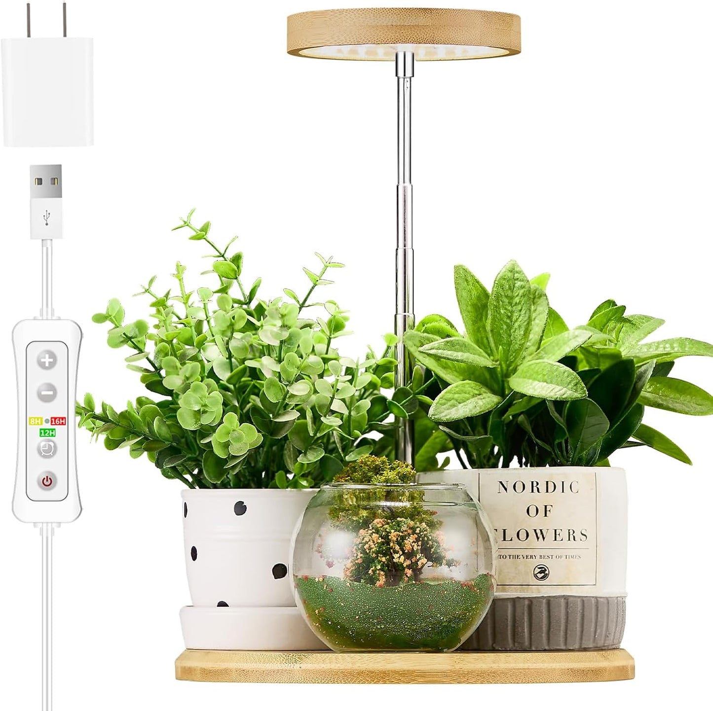 Plant Grow Light for Indoor Plant,Bamboo Mini LED Grow Light Garden,Height Adjustable,Automatic Timer with 8/12/16 Hours