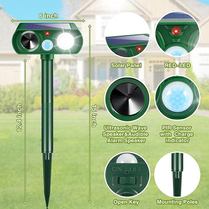4Pack Solar Ultrasonic Animal Repellent Outdoor Deer Repellent Devices with Motion Detection&Flash Light Squirrel Cat Raccoon Rabbit Dog Deterrent,Keep Rodent Chipmunk Squirrel Away for Yard Garden