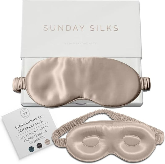 SUNDAYSILKS™ 3D Contoured Silk Sleep Mask | Padded Silk Eye Mask with Eye Cups for Lash Extensions | Blackout, Organic for Women & Men, Perfect for Travel, Slip-Free Deep Sleeping, Antifaz para Dormir