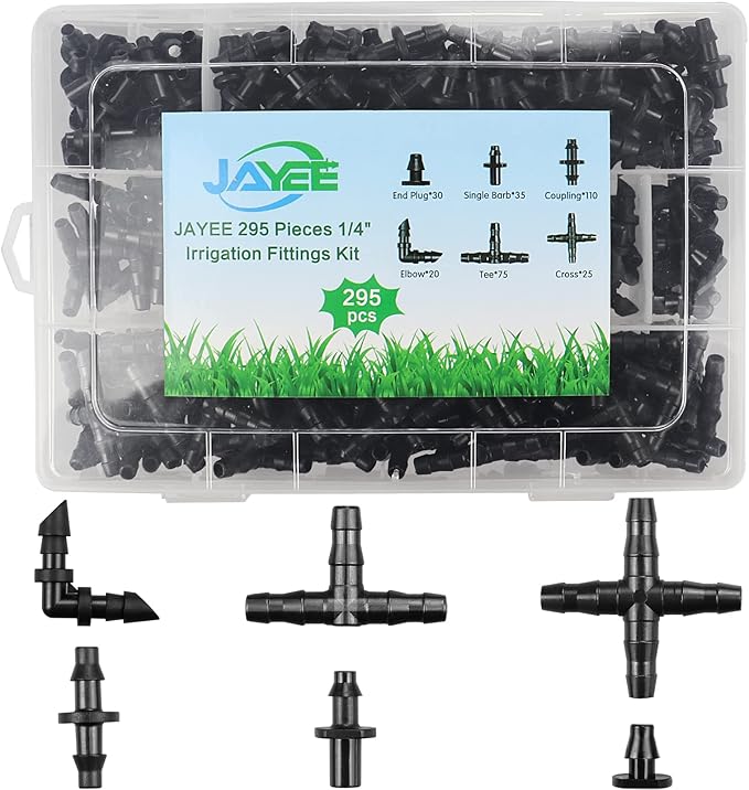 295 Pcs Drip Irrigation Fittings Kit for 1/4" Tubing - 110 Straight Barbs,35 Single Barbs,75 Tees,20 Elbows,30 End Plug,25 4-Way Coupling - Barbed Connectors Fittings for Sprinkler Systems