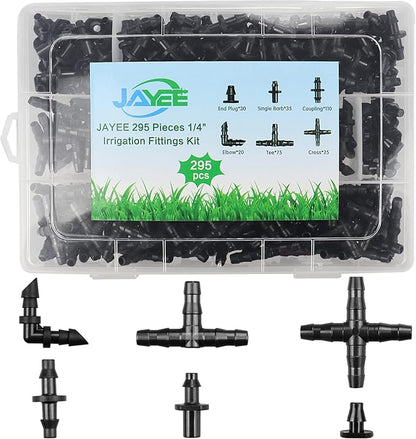 295 Pcs Drip Irrigation Fittings Kit for 1/4" Tubing - 110 Straight Barbs,35 Single Barbs,75 Tees,20 Elbows,30 End Plug,25 4-Way Coupling - Barbed Connectors Fittings for Sprinkler Systems