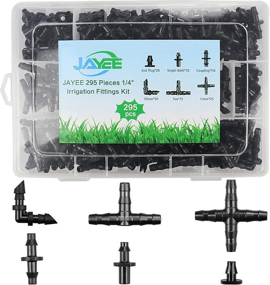 295 Pcs Drip Irrigation Fittings Kit for 1/4" Tubing - 110 Straight Barbs,35 Single Barbs,75 Tees,20 Elbows,30 End Plug,25 4-Way Coupling - Barbed Connectors Fittings for Sprinkler Systems