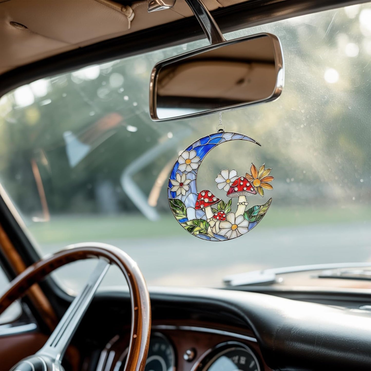 Mushroom Crescent Moon Boho Acrylic Suncatcher Stained Glass Effect Window Car Hanging Christmas Ornament Indoor Outdoor Decor Garden Sun Catcher Gifts for Bohemian Lover Gift for Women Mom Grandma