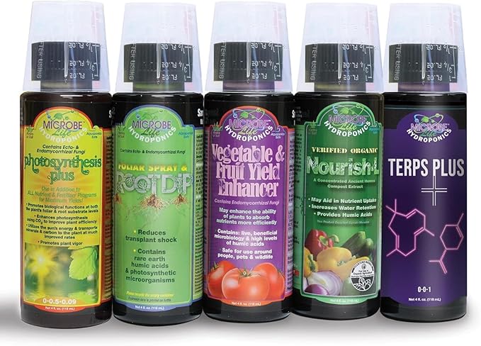 Microbe Life Hydroponics Starter Kit with 4-Ounce Sample Size Bottles of Photosynthesis Plus, Nourish-L, Vegetable and Fruit Plant Growth Yield Enhancer, Foliar Spray & Root Dip, and Terps Plus