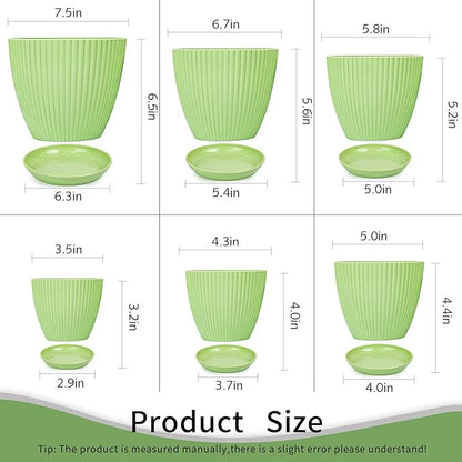 Plant Pots Indoor with Saucers & Drainage - 6 Pack Flower Pots - Plastic Planters for Indoor Planter - 7.5/6.6/5.8/5.0/4.3/3.5 inches Sizes for All Different Types of Plants-Light Green