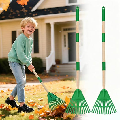 Acostop 2 Pcs Kids Rakes with Wood Handle - 34" Lightweight Plastic Garden Rake for Leaves, Safe to Use Kid Yard Tools for Boys Girls Fall Gardening Gifts (Green)