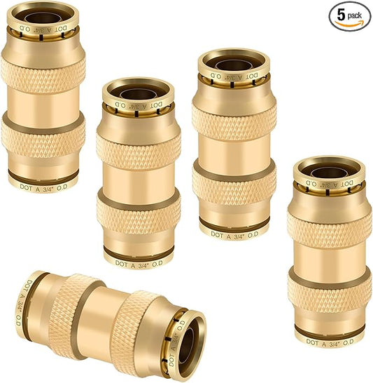 3/4" Quick Push to Connect Fittings Brass Union Straight Joint DOT Approved 3/4 inch tube OD Air Line Adapter Air Spring Suspension Kit for Car Truck Trailers and Air Brake System 5pcs