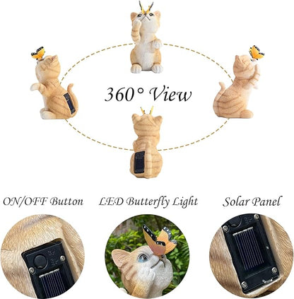 Garden Decor Solar Cat Figurines Cat Lover Gifts with LED Butterfly Lights for Indoor Outdoor Decor for Yard Garden Patio Decor Gifts for Women Grandma Mother's Day Birthday