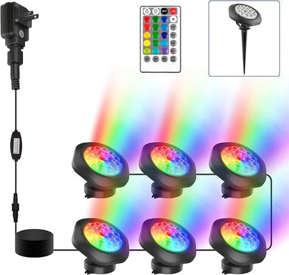 RGBW Pond Lights, 18 LED Super Bright Underwater Submersible Fountain Lights Color Changing Landscape Lighting Remote Control IP68 Waterproof for Fish Aquarium Tank Yard Garden Pool (Set of 6)