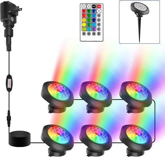 RGBW Pond Lights, 18 LED Super Bright Underwater Submersible Fountain Lights Color Changing Landscape Lighting Remote Control IP68 Waterproof for Fish Aquarium Tank Yard Garden Pool (Set of 6)
