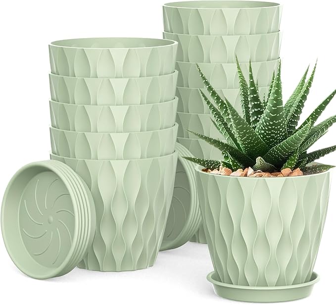 12 Pack 4 Inch Small Plant Pots with Saucers, Waffle Texture Plastic Planters with Drainage Holes for Indoor and Outdoor Plants, Flowers, Herbs, Succulents, and Seedlings, Green