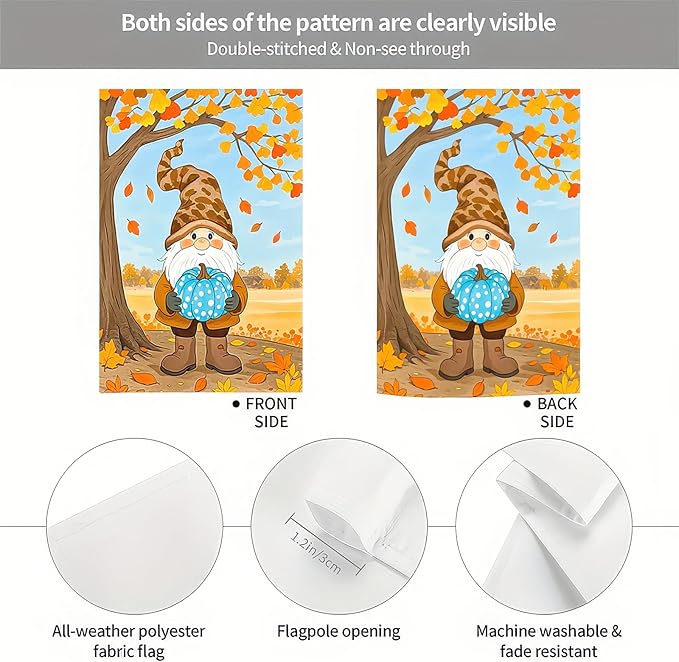 Fall Gnome Garden Flag 12x18 Inch Double Sided Autumn Gnome Holding Blue Pumpkin Yard Flags Harvest Banner for Thanksgiving Porch Lawn Outdoor Decoration