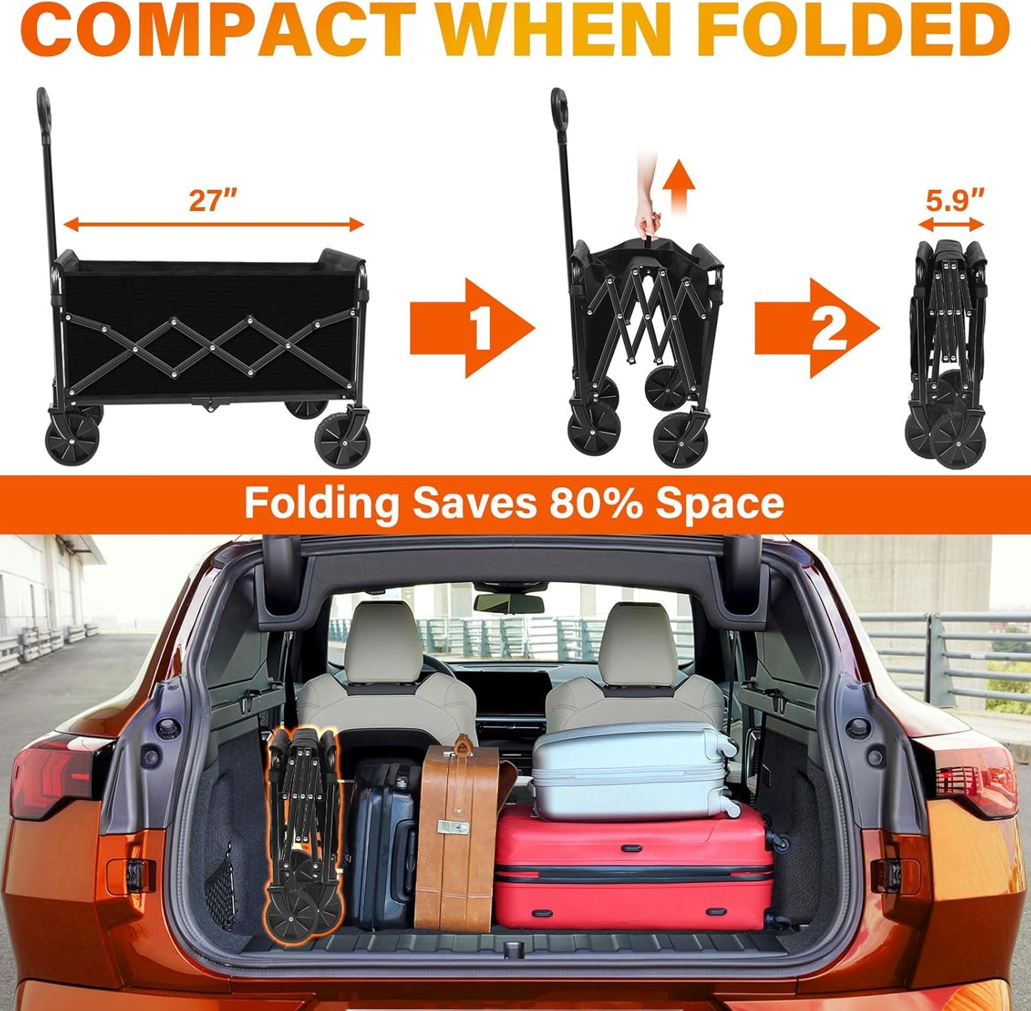 Wagons Carts Foldable - Collapsible Wagon Cart with Wheels Foldable - Folding Utility Heavy Duty Wagons Carts for Grocery Camping Sports Shopping Garden