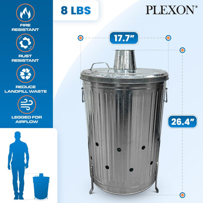 Plexon Metal Compost Bin Outdoor Burn Bin - Galvanized Trash Can with Lid Chimney and Vent Holes - Trash Burning Container Composter Incinerator for Garbage, 20 Gallon (Chimney Lid and Vent Holes)