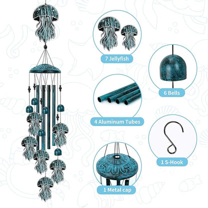 Jellyfish Wind Chimes for Outside, Large Jellyfish Gifts for Women, Memorial Jellyfish Wind Chime, Metal Jellyfish Decor, 40" Outdoor Garden Decor for Lawn, Porch, Patio, Yard