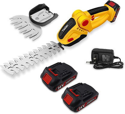24V Hedge Trimmer Cordless & Grass Shear, Yeelan 2 in 1 Handheld Shrub Trimmer Electric Bush Trimmer, Portable Power Hedge Shears & Grass Cutter with 2 Pcs Rechargeable Batterys for Garden & Lawn