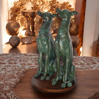 NIFAO Pair of Greyhound Dogs Sitting Bronze Statue – Life-Size Hand-Cast Sculpture with Green & Brown Patina – Museum-Quality Decorative Art for Home, Garden, 12" L x 12" W x 35" H