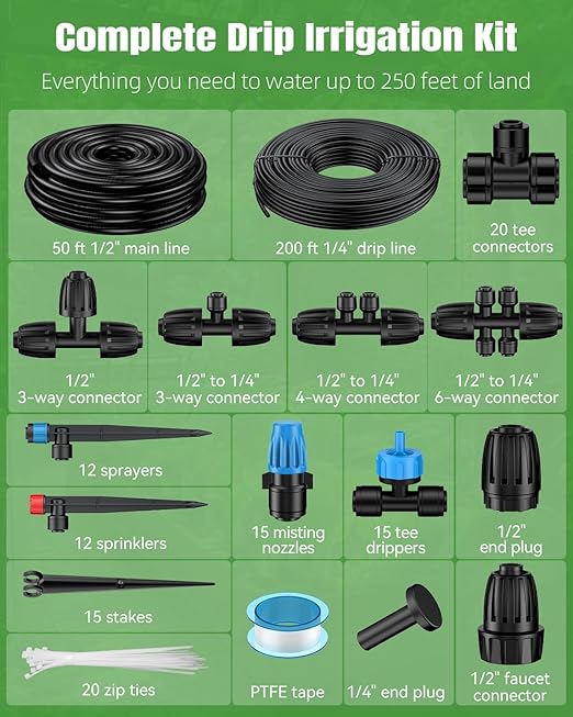 Pawfly 250 ft Drip Irrigation System, Quick-Connect Drip Irrigation Kit with 50ft 1/2" & 200ft 1/4" Tubing and Accessories, Garden Watering System for Greenhouse,Yards,Lawn,Raised Bed
