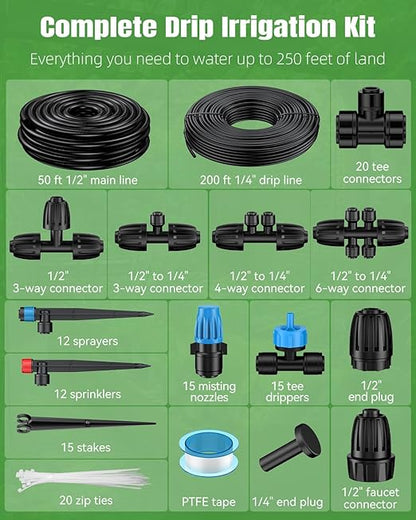 Pawfly 250 ft Drip Irrigation System, Quick-Connect Drip Irrigation Kit with 50ft 1/2" & 200ft 1/4" Tubing and Accessories, Garden Watering System for Greenhouse,Yards,Lawn,Raised Bed