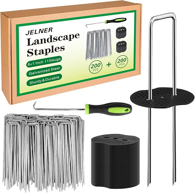 Garden Stakes,6 Inch 11 Gauge 200pcs Galvanized Landscape Staples and 200pcs Gaskets +1Pick Hook, Tent Stakes Landscaping Fabric SOD Pins for Weed Fabric Barrier,Groud Cover,Fence