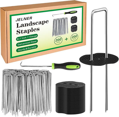 Garden Stakes,6 Inch 11 Gauge 200pcs Galvanized Landscape Staples and 200pcs Gaskets +1Pick Hook, Tent Stakes Landscaping Fabric SOD Pins for Weed Fabric Barrier,Groud Cover,Fence