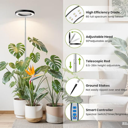 Black Grow Lights for Indoor Plants, Full Spectrum LED Plant Grow Light with 6/12/16H Timer, 3 Color Modes, 5 Brightness, 10"-65" Height Adjustable Growing Lamp for Indoor Plants (2 Pack)