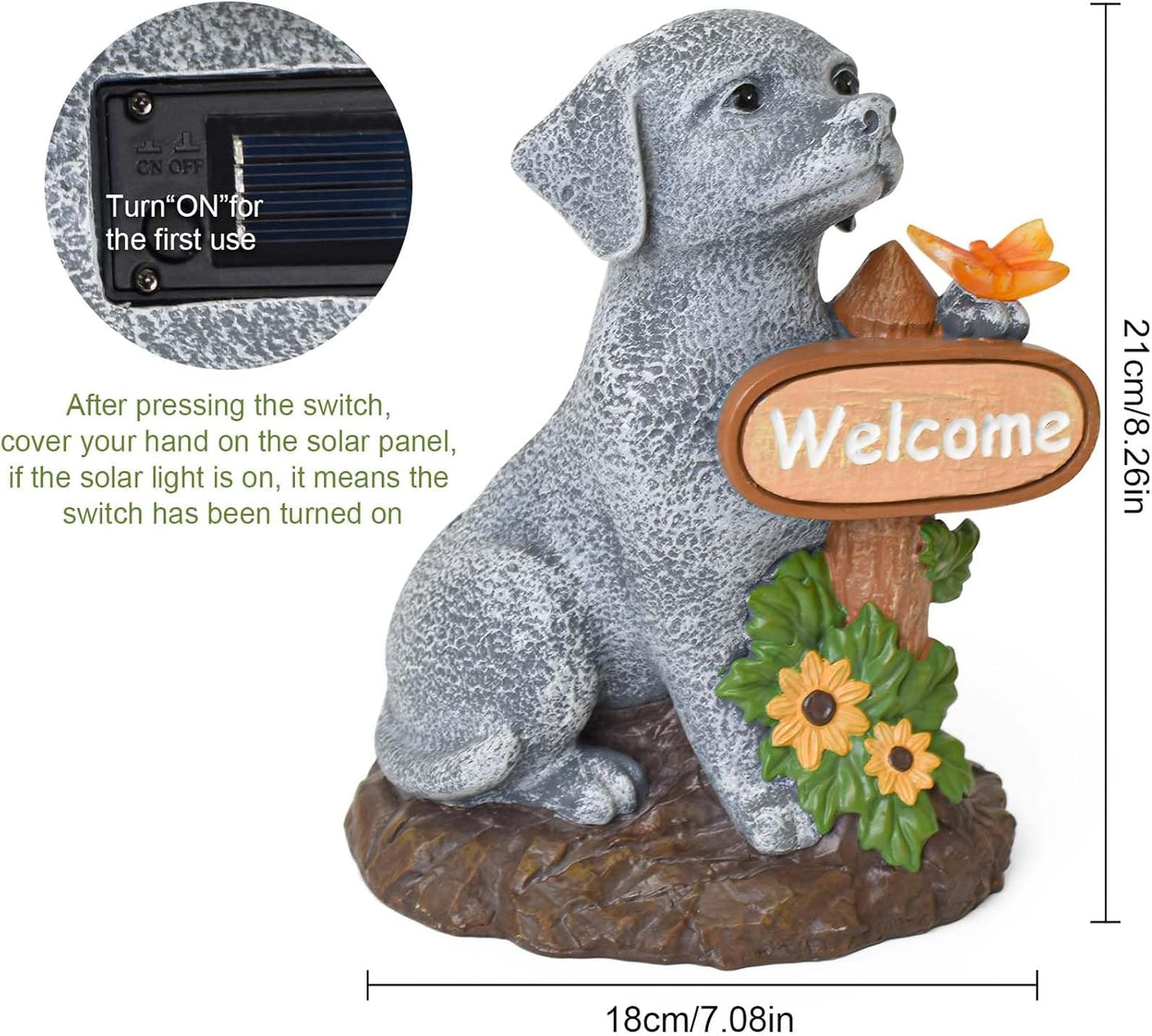 Solar Garden Decor Dog Figurine Outdoor Decoration with Butterfly Light for Home Garden Patio Yard Balcony Lawn Ornaments, Birthday Gifts for Dog Lovers Women, Mom, Grandma