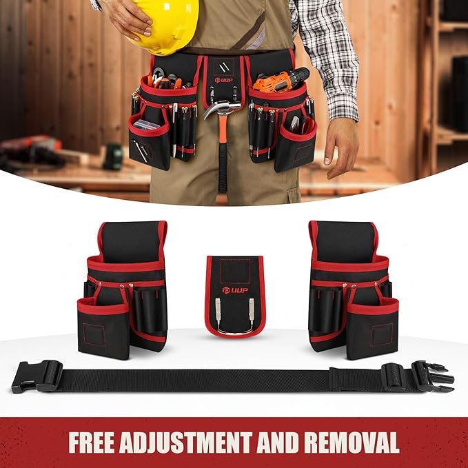 Magnetic Tool Belt for Men, 26 Pockets Heavy Duty Tool Pouch, Magnet Holster Nail Utility Toolbelt Detachable Adjustable Waist Holder for Handyman Contractor Mechanic Plumber Roofer Dad Gift -Red