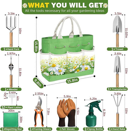 22Pcs Garden Tools Set for Women,Heavy Duty Hand Tool Kit with Large Tote Bag/Repotting Mat/Trowel/Rake/Pruner/Gloves/Plant Tags,Gardening Gifts for Mom Gardener Beginner-Green