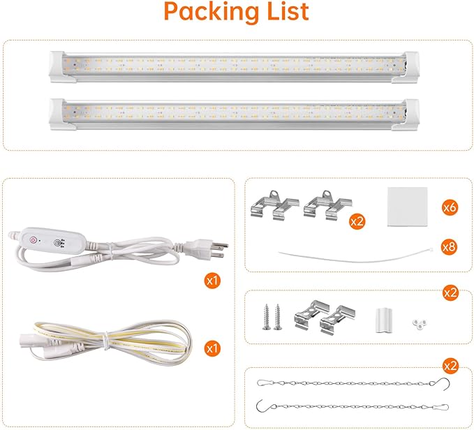 Bstrip T8 Grow Light, 1.4FT 36W (2 x 18W) Plant Lights for Indoor Growing with Timer, Full Spectrum with 660nm Red LEDs, 3467K, Ideal for Indoor Plants, Greenhouse, Seeding, Linkable Design, 2-Pack