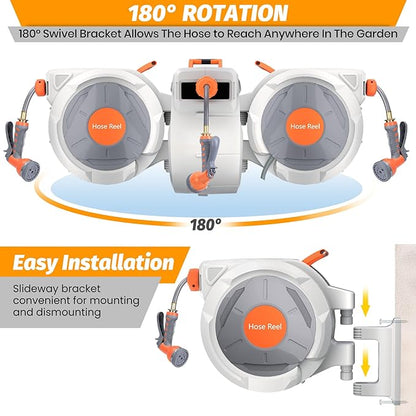 GarveeLife Retractable Garden Hose Reel 5/8 in x 100 Ft, Wall Mounted Garden Hose Reel, with 9 Function Sprayer Nozzle, Any Length Lock, Lock/Automatic Slow Return System, 180° Swivel Bracket(Grey)