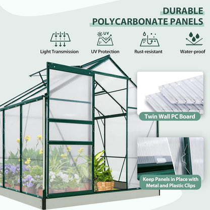 EAGLE PEAK 10x6x7 Outdoor Walk-in Hobby Greenhouse with Adjustable Roof Vent and Rain Gutter, Base and Anchor, Polycarbonate Aluminum Green House for Backyard Garden, Dark Green